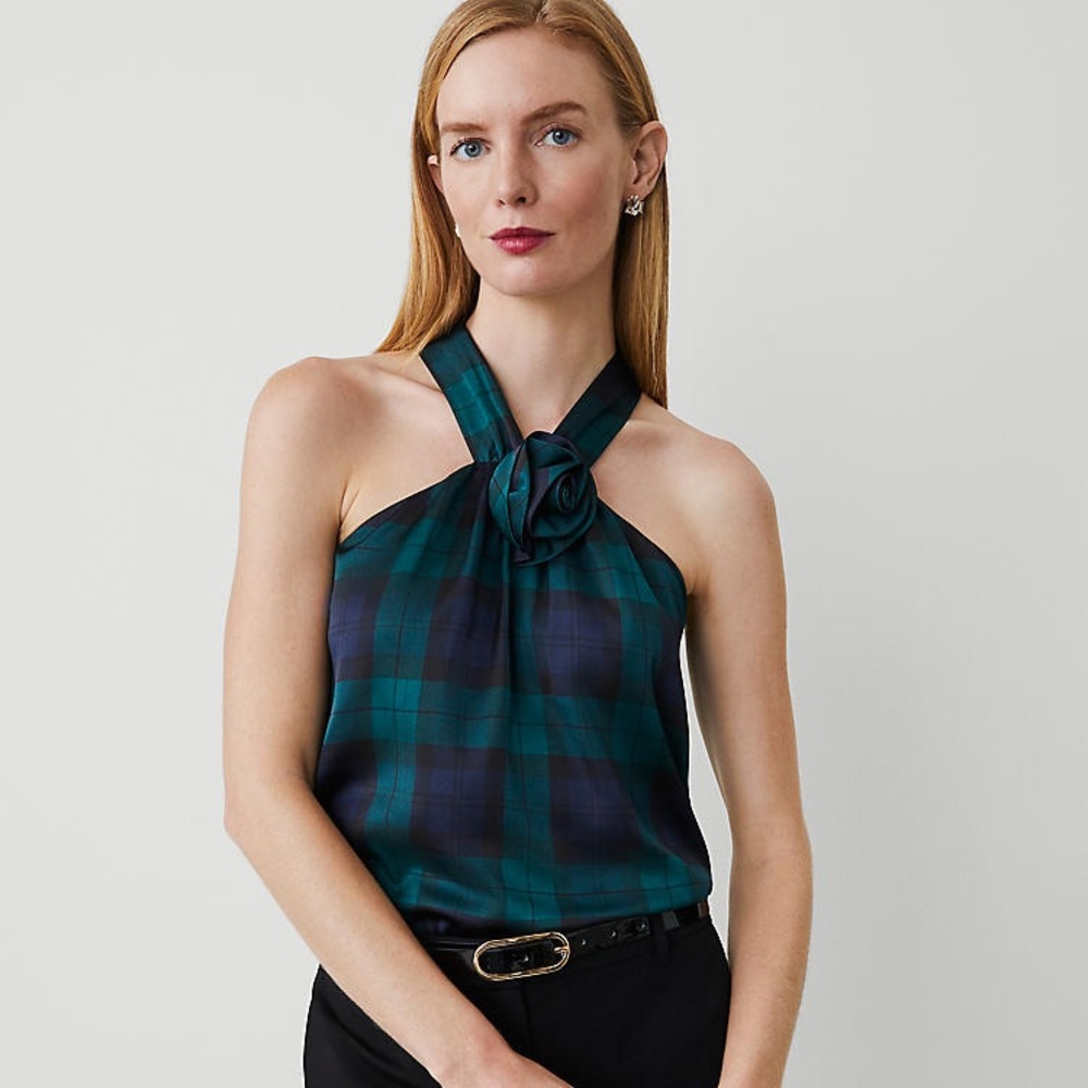 NWT ANN TAYLOR Elegant Plaid Tartan Rosette Drape-Neck Halter Top Blouse XSP
